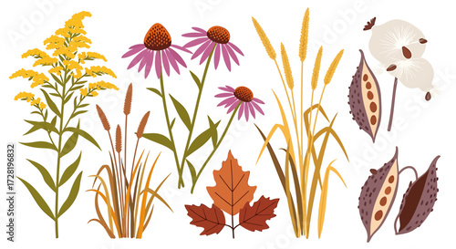 Autumnal Floral and Seed Pod Arrangement with Goldenrod and Coneflowers