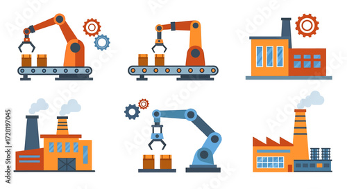Industrial Automation and Manufacturing Elements: Robotic Arms, Conveyor Belts, and Factory Buildings