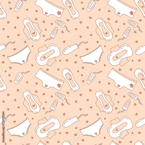 Female menstruation period doodle seamless pattern. Intimate hygiene protection print for paper, textile, label, sale. Hand drawn background.