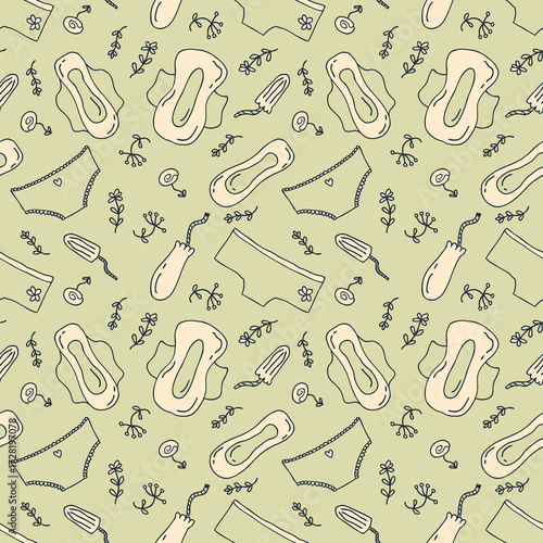 Women supplies for menstruation underpants, pads, tampons doodle seamless pattern. Gynecological hygiene protection template. Hand drawn background.