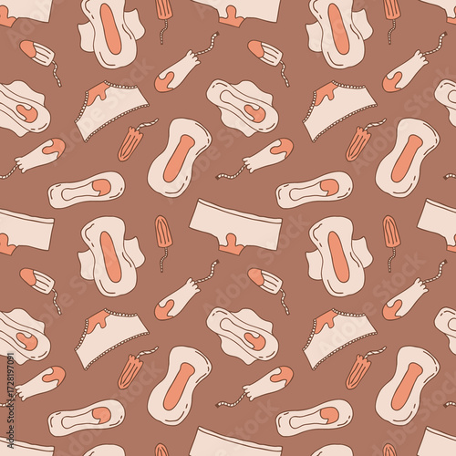 Female hygiene products seamless pattern in trendy mocha mousse colors. Menstruation period supplies template. Hand drawn illustration background.