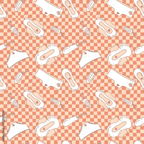 Women period doodle seamless pattern on trippy grid background. Menstrual period underclothing print for paper, textile, label, sale. Hand drawn illustration.