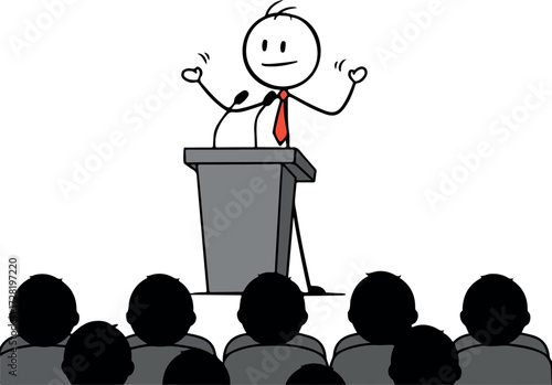 Stick figure giving a speech at a podium to an audience 1.