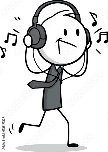 Stick figure enjoying music with headphones while walking and listening.
