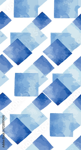 Watercolor blue diamond shapes pattern on white background artistic design.