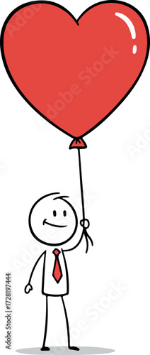 Stick figure holding a red heartshaped balloon.
