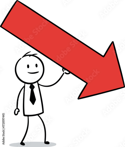 Stick figure holding a large red arrow pointing downwards indicating a decline.