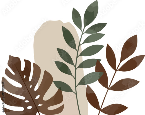 Watercolor botanical illustration featuring various leaf shapes and textures.