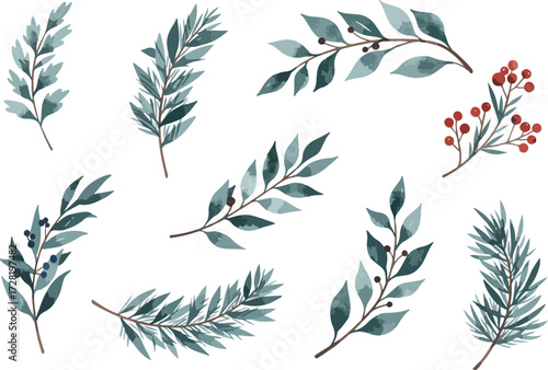 Watercolor botanical illustration of various green leaves and branches.
