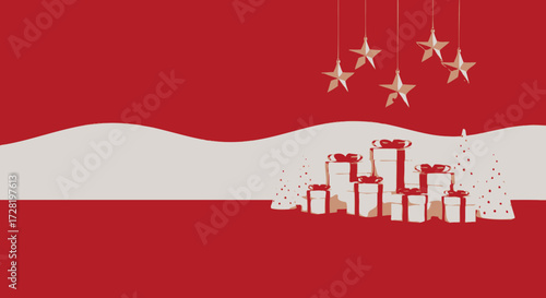 Festive Holiday Illustration with Gift Boxes, Stars, and a Snowy Landscape on a Red Background
