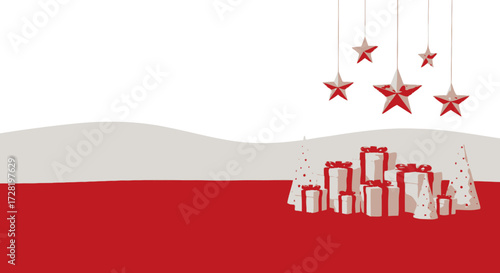 Christmas Gifts and Star Decorations Festive Holiday Background in Red and White