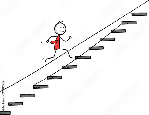 Stick figure struggles to climb steep staircase representing challenges and effort.