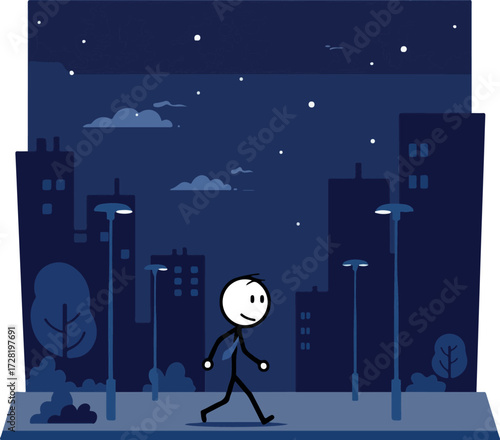 Stick figure walking alone at night in the city under the stars.