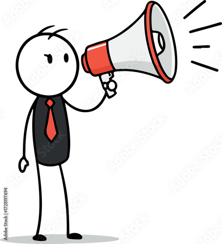 Stick figure with megaphone announcing important information to the public.