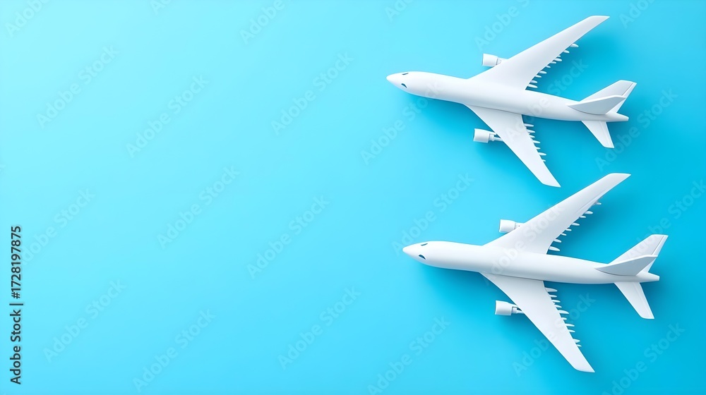 Fototapeta premium Airplanes in flight blue background 3d models digital art aerial view aviation concept