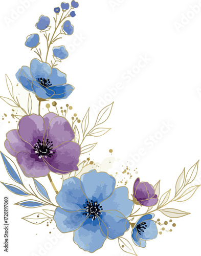 Watercolor floral arrangement of blue and purple flowers with gold accents.