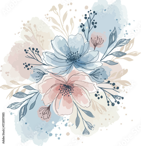 Watercolor floral arrangement featuring delicate pink and blue blossoms and foliage.
