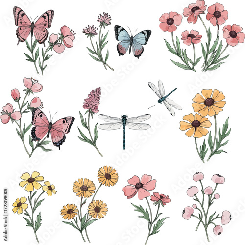 Watercolor floral arrangement with butterflies and dragonflies beautiful illustration.