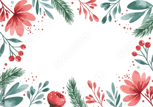 Watercolor floral arrangement with red flowers and green leaves for holiday season.