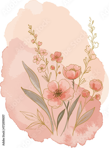 Watercolor floral arrangement with delicate pink flowers and green leaves.