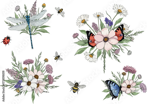 Watercolor floral arrangements with insects and butterflies on white background.