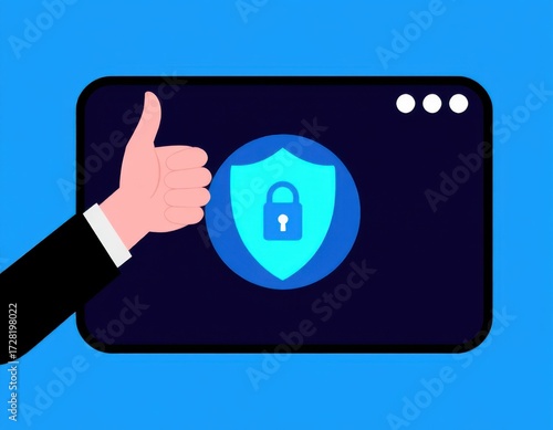 Man thump up with shield icon cybersecurity concept Global network security technology business people protect personal information Encryption with a shield icon on the virtual interface ui interface 