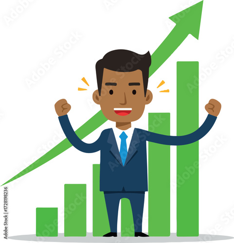 Successful businessman celebrates growth and achievement with upward trend.