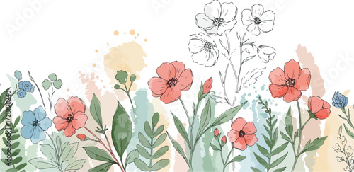 Watercolor floral border with delicate flowers and leaves.