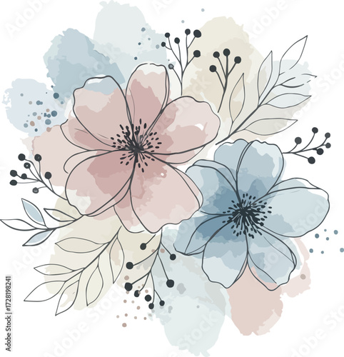 Watercolor floral illustration featuring delicate pink and blue flowers with intricate details.