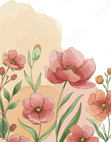 Watercolor floral artwork featuring delicate pink poppies and green leaves.