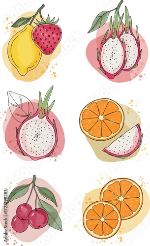 Watercolor fruit illustrations featuring lemon strawberry dragon fruit and oranges.