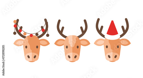 Set of Christmas Reindeer Heads with Decorations in a Cute Cartoon Style on a White Background