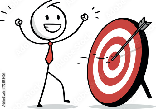 Successful stick figure celebrates hitting the bullseye target with an arrow.