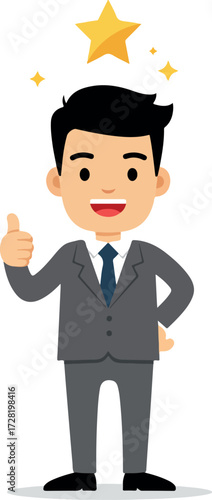 Successful businessman with a thumbs up gesture and a star above his head.