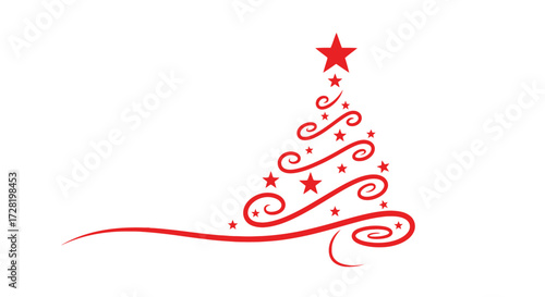 Festive Red Christmas Tree Icon Elegant Swirl Design with Star Ornament for Holiday Celebrations