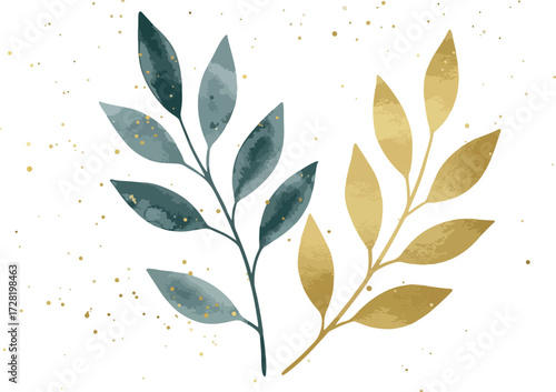 Watercolor leaves illustration featuring green and golden foliage on white background.