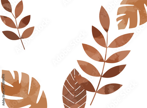 Watercolor leaves illustration in shades of brown on white background.