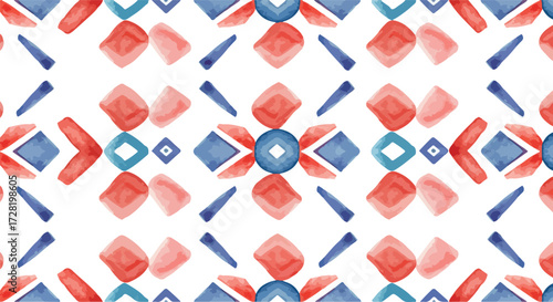 Watercolor pattern with geometric shapes in red and blue colors.
