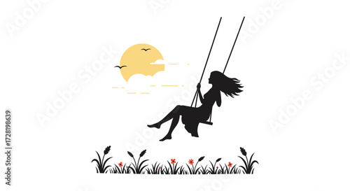 A peaceful scene of a girl swinging beneath the setting sun silhouette