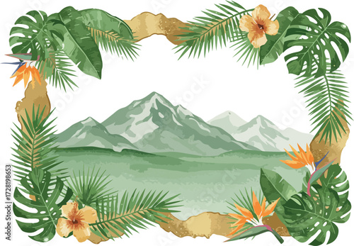 Watercolor tropical frame with mountains and vibrant flowers.