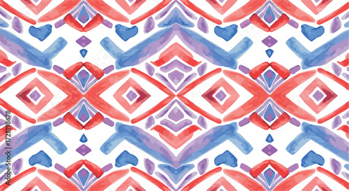 Watercolor pattern with geometric shapes in red and blue colors on white background.