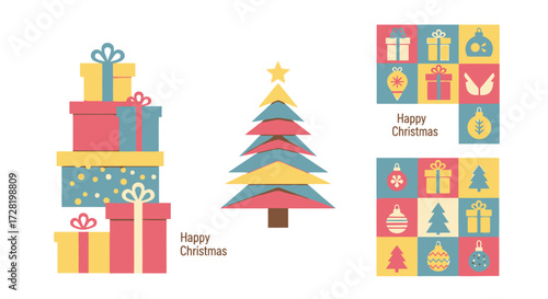 Festive Holiday Illustrations Christmas Gifts and a Charming Tree Design