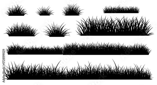 Black Silhouette Grass Elements Set Diverse Shapes for Nature-Themed Designs & Illustrations