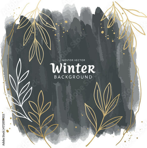 Winter Background with Leafy Golden and White Elements.