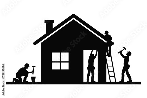 Black silhouette builders constructing house with tools construction building