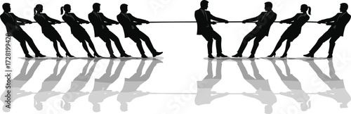 Business tug-of-war, teamwork silhouette, corporate conflict, strategy challenge, competitive teams, rope pulling, leadership metaphor, business struggle, reflection, vector art