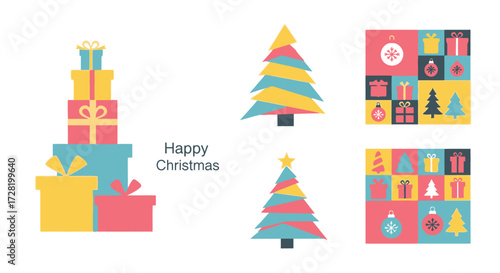 Festive Christmas Designs Colorful Presents and Geometric Trees for Holiday Celebrations