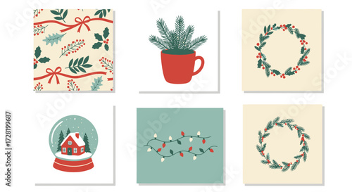 Festive Holiday Cards Seasonal Designs with Holly, Snow Globes, and Christmas Cheer for Celebrations