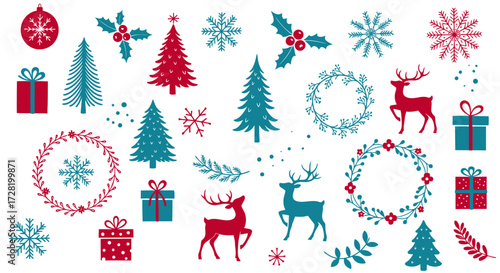 Festive Holiday Icons Christmas Trees, Reindeer, Wreaths, Gifts, and Snowflakes for Seasonal Designs
