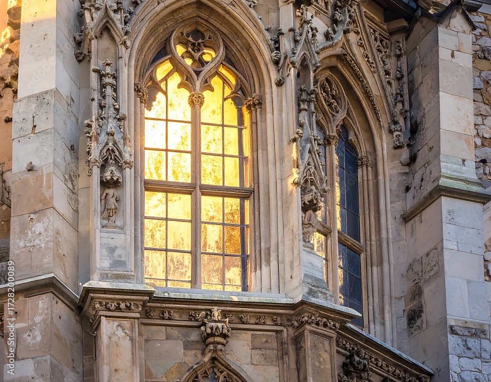 Obraz premium Ornate stone window with golden light